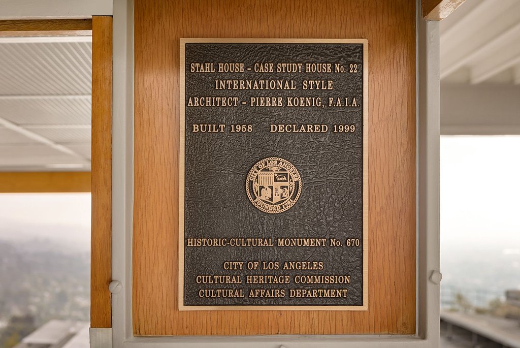Official City of Los Angeles Historic-Cultural Monument plaque for the Stahl House Case Study House No 22 designed by architect Pierre Koenig.