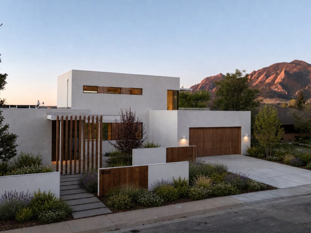 The modern street-level front exterior of 1750 Sunset Boulevard in Boulder, Colorado, showcasing Venetian plaster architecture, custom wood garage doors, native landscaping, and a backdrop of the Flatiron Mountains.