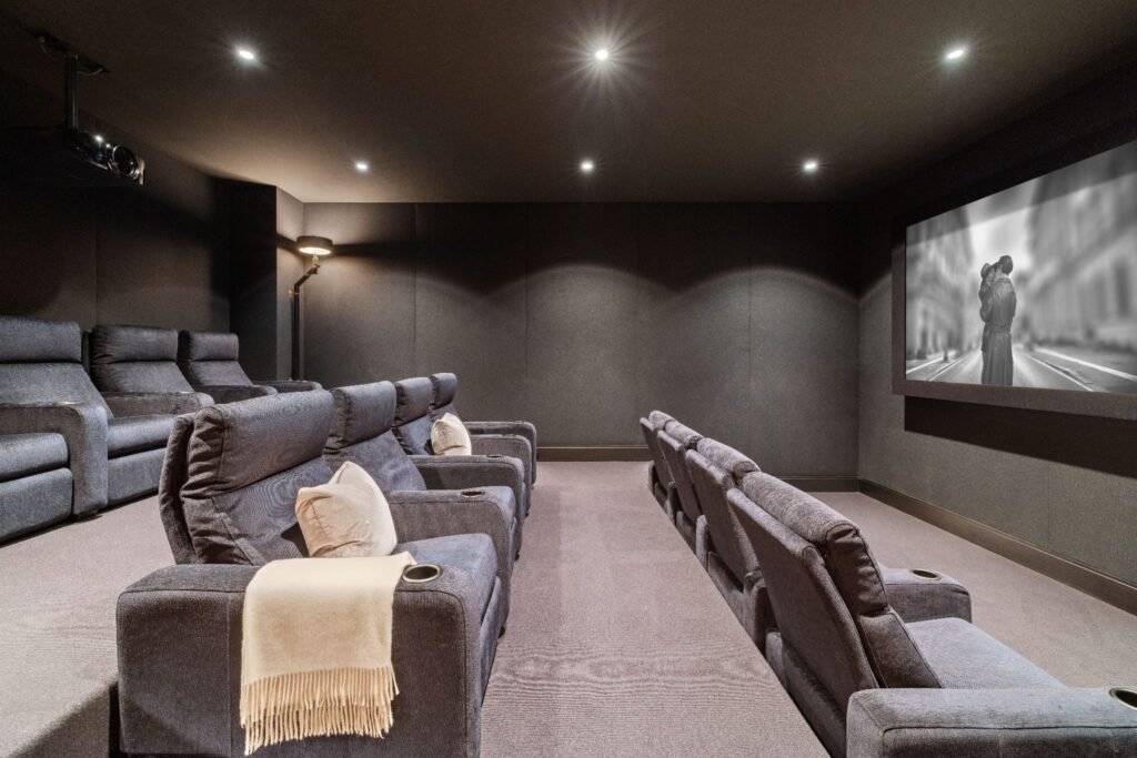 Soundproof 13-seat home theater and screening room on the ground level of 165 East 70th Street luxury townhouse, Manhattan.