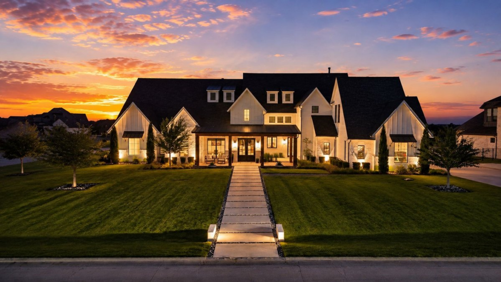 The exterior front facade of 1604 Balboa Place, a luxury modern farmhouse-style custom estate in the Carter Landing community of Texas, featuring a symmetrically lit stepping stone walkway and lawn at sunset.
