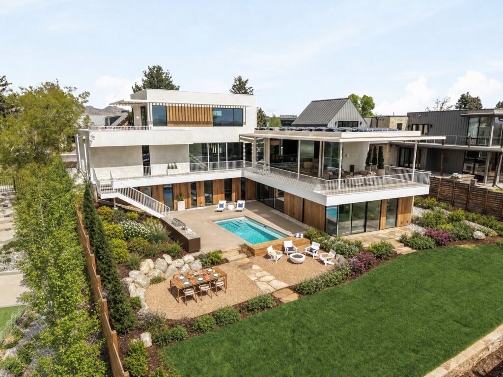 An aerial view of the luxury modern estate at 1750 Sunset Boulevard in Boulder, Colorado, featuring Venetian plaster siding, multiple multi-level decks, a heated 20-foot pool, and a custom landscaped backyard.